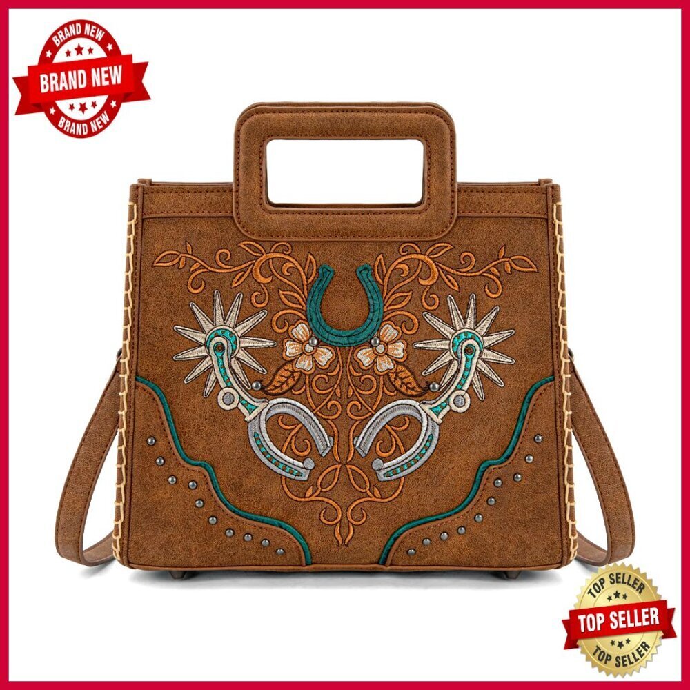 Western Embroidery Crossbody Bag with Top Handle, Vegan Leather Purse